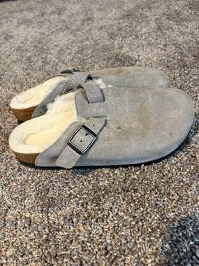 Birkenstock Gray Suede Shearling Clog Mules